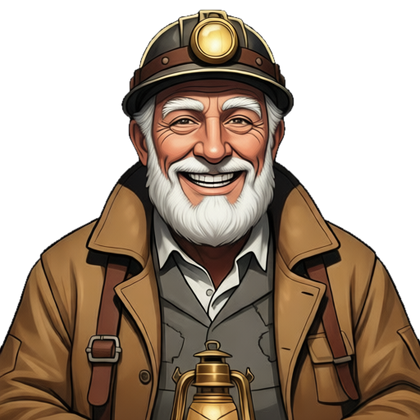 Wick, a smiling old miner with a white beard and a helmet lamp